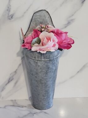 NEW - 14" Galvanized Wall Pocket Vase with Pink Floral Arrangement